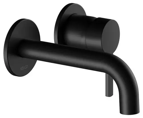 Schwarze, wandmontierte Armatur von Keuco mit einem gebogenen Auslauf und einer runden Steuerung. Minimalistisches Design ohne sichtbare Markenbezeichnung.